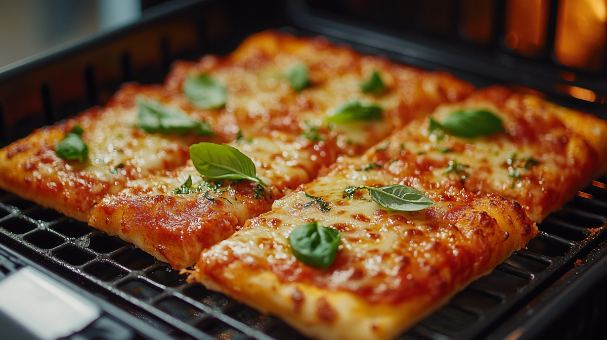 In Stücke geschnittene Pizza aus dem Airfryer, belegt mit Käse und Basilikum.