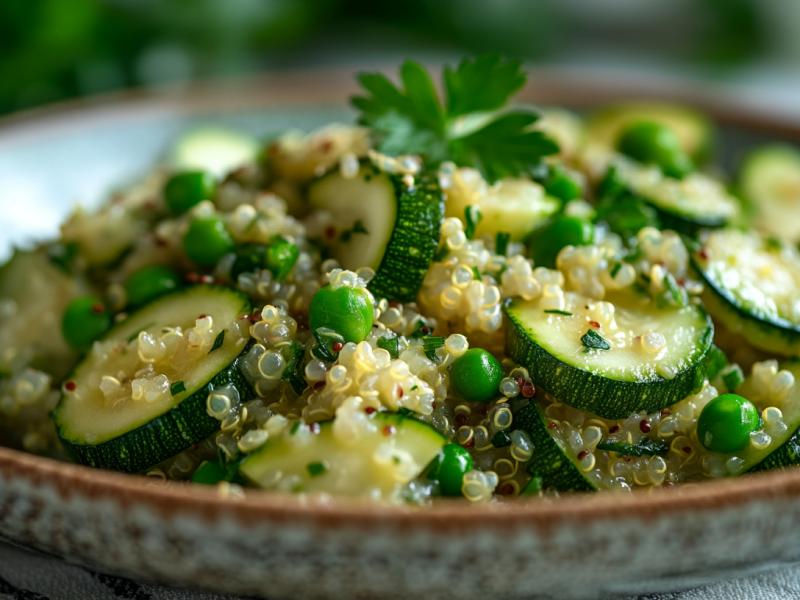 Quinotto mit Feta, Zucchini und Erbsen auf einem Teller, Nahaufnahme.