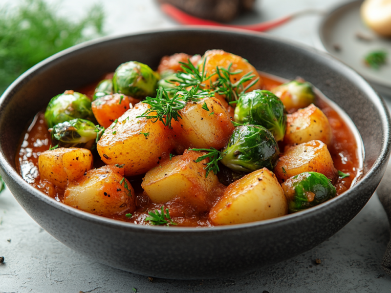 Eine Schüssel Rosenkohl-Kartoffel-Gulasch garniert mit Kräutern.