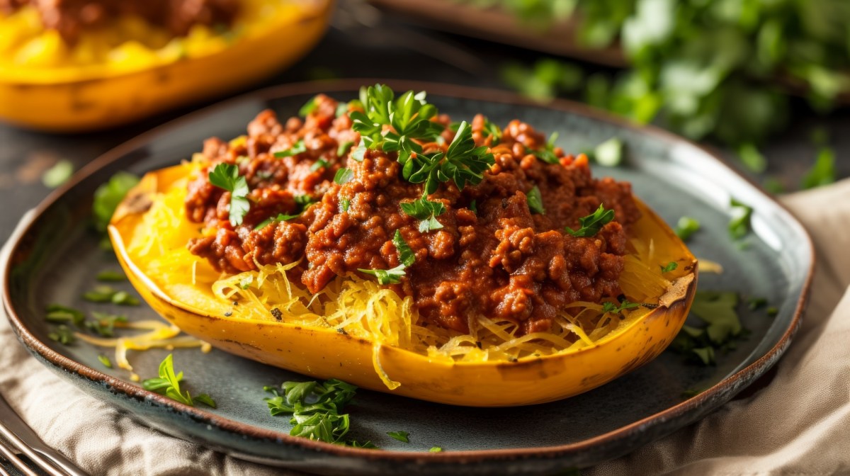 Spaghettikürbis mit Bolognese-Soße auf einem Teller.