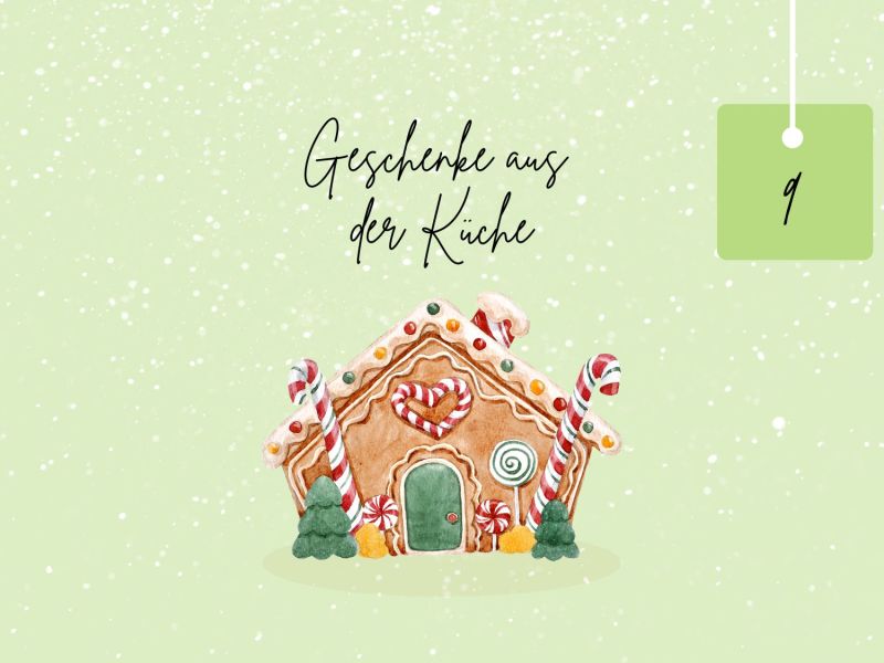 selbst gemachte Gewürze verschenken: Lebkuchenhaus mit Schriftzug und Zahl auf grünem Hintergrund.