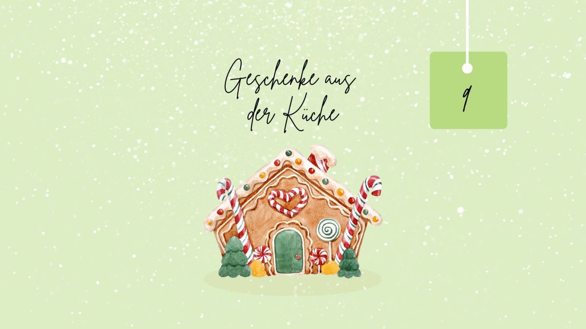 selbst gemachte Gewürze verschenken: Lebkuchenhaus mit Schriftzug und Zahl auf grünem Hintergrund.