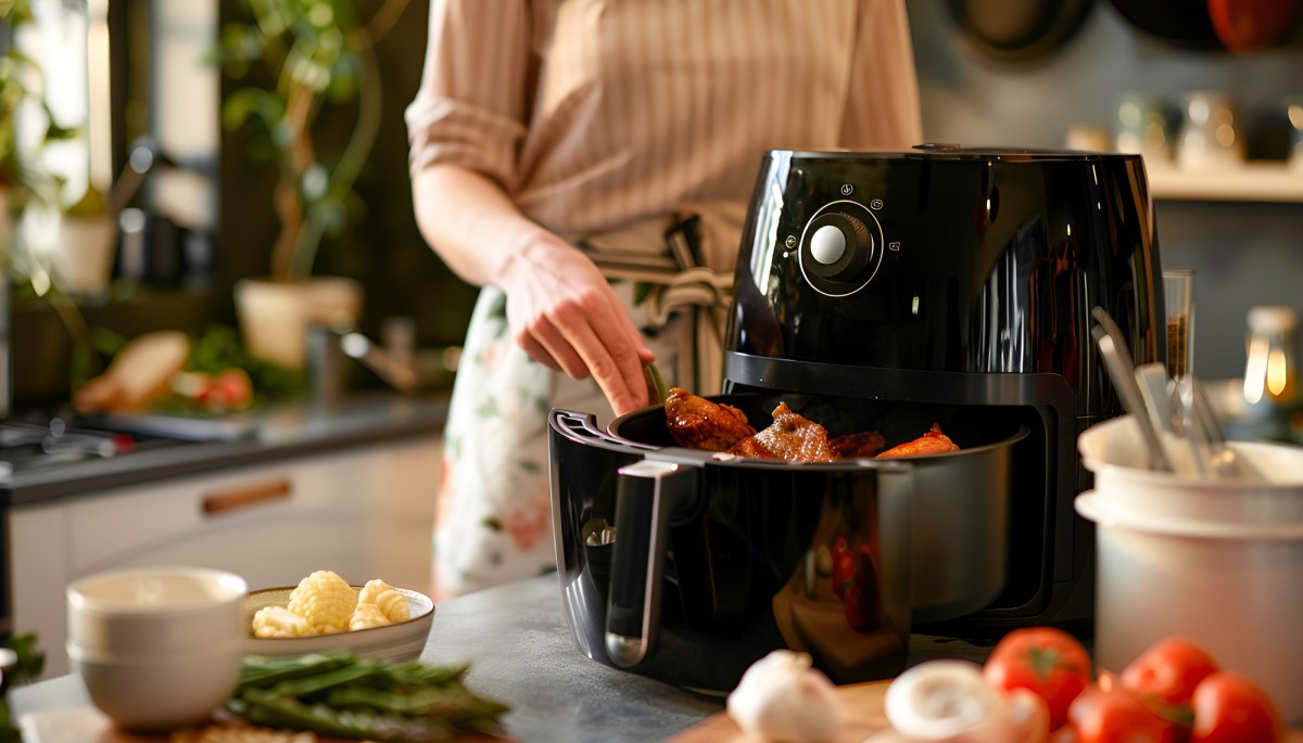 Heißluftfritteuse vorheizen: Eine Frau legt Zutaten in einen Airfryer.