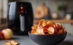 Apfelchips aus der Heißluftfritteuse in einer Schale. Im Hintergrund ist der Airfryer zu sehen.