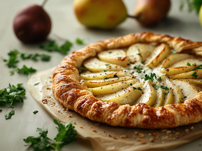 Birnen-Feta-Galette auf einem Stück Backpapier