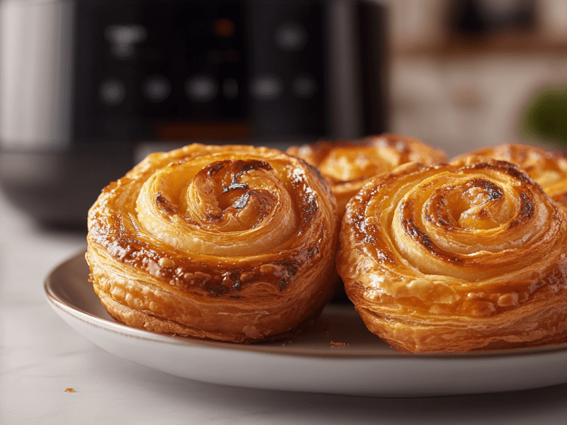 Ein Teller Blätterteigschnecken aus der Heißluftfritteuse. Im Hintergrund ein Airfryer.