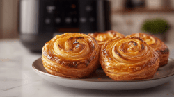 Ein Teller Blätterteigschnecken aus der Heißluftfritteuse. Im Hintergrund ein Airfryer.