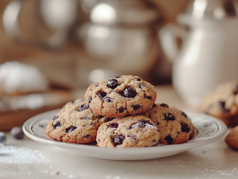 ein paar Blaubeer-Cookies auf einem Teller, im Hintergrund unscharf Backzutaten.