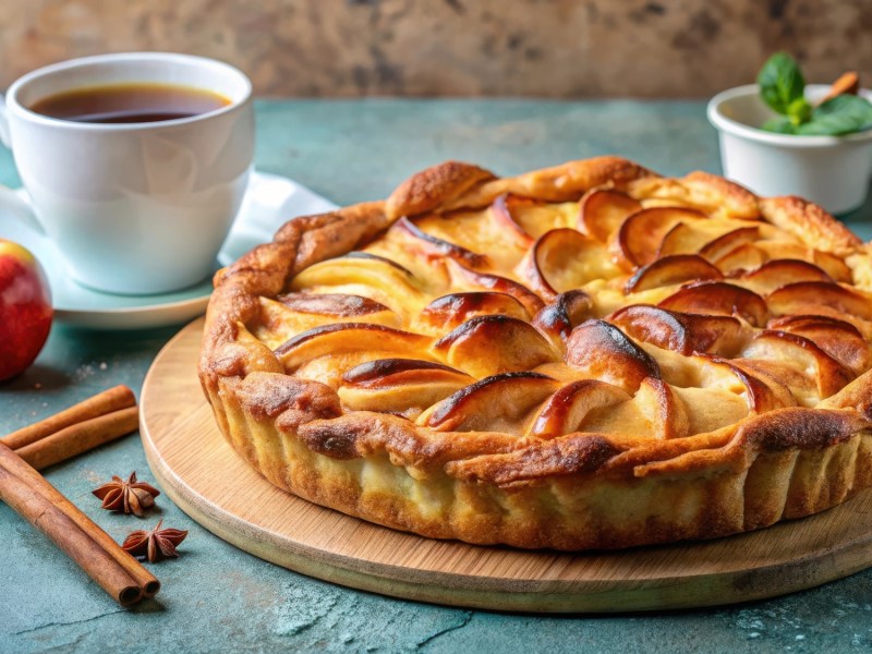 Bratapfel-Tarte auf einem Holzbrett. Daneben steht eine Tasse Tee, außerdem liegen dort Zimtstangen, Sternanis und ein Apfel.