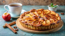 Bratapfel-Tarte auf einem Holzbrett. Daneben steht eine Tasse Tee, außerdem liegen dort Zimtstangen, Sternanis und ein Apfel.