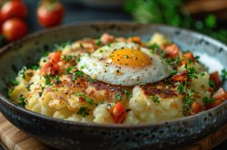 Ein Teller Bubble and Squeak mit einem Spiegelei.