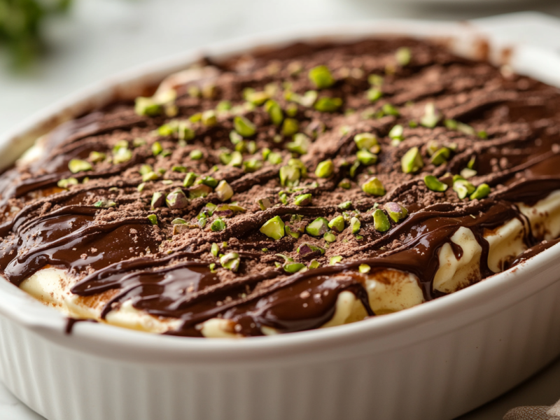 Dubai-Schokolade-Tiramisu in weißer ovaler Auflaufform, garniert mit Schokolade und Pistazien.