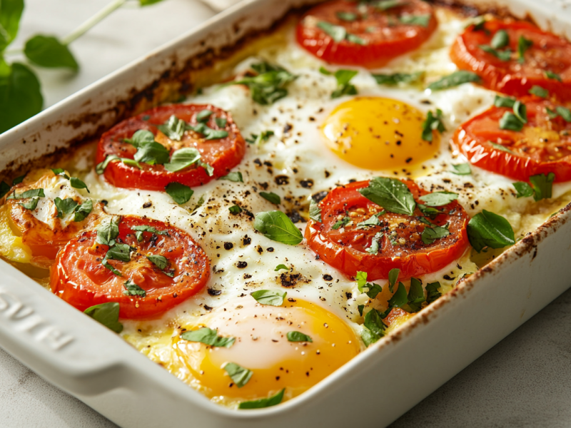 Frühstücksauflauf mit Feta, Ei und Gemüse in weißer Auflaufform.