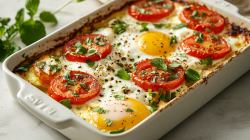 Frühstücksauflauf mit Feta, Ei und Gemüse in weißer Auflaufform.