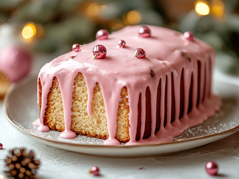 Ein Glühweinkuchen mit pinkem Zuckerguss und Zuckerperlen uf einem Teller, drumherum Weihnachtsdeko.