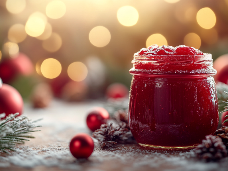 Ein Glas Glühweinmarmelade vor weihnachtlichem Hintergrund mit Weihnachtsdeko drumherum.