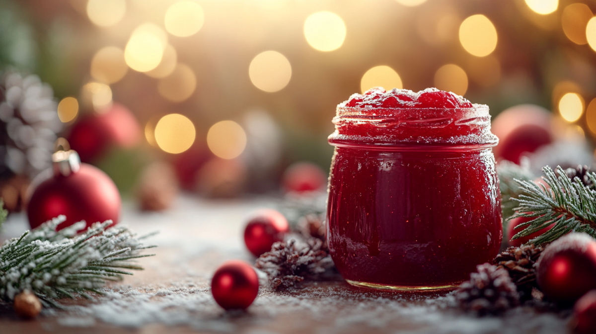 Ein Glas Glühweinmarmelade vor weihnachtlichem Hintergrund mit Weihnachtsdeko drumherum.