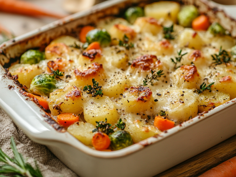 Herbstlicher Gemüseauflauf mit Kartoffeln, Karotten, Rosenkohl und Pastinake in weißer Auflaufform, garniert mit Kräutern.