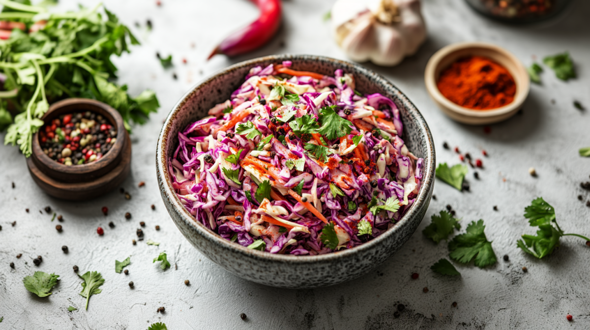 Eine Schale mit indischem Krautsalat. Daneben liegen Zutaten wie Chili, Knoblauch und Koriander.