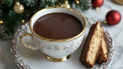 Eine goldverzierte Tasse italienische heiße Schokolade. Daneben liegen Cantuccini.