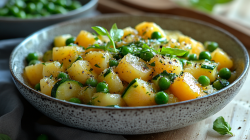 Ein tiefer Teller Kartoffel-Zucchini-Pfanne mit Erbsen, Nahaufnahme.