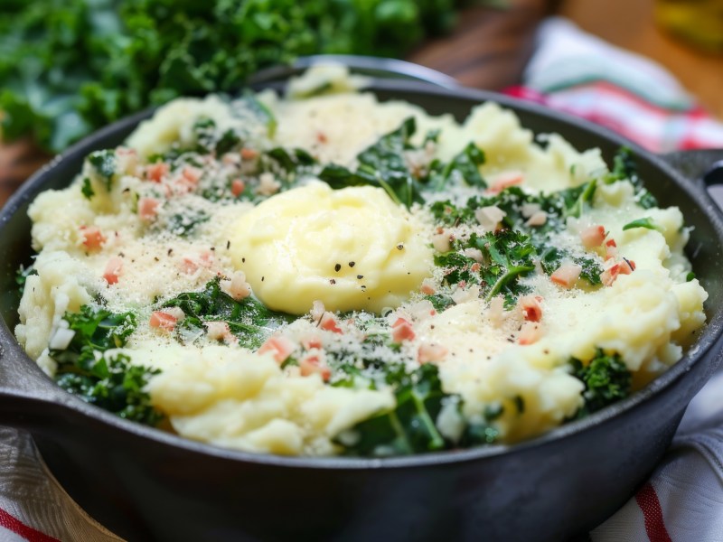 Topf mit Kartoffelstampf mit Grünkohl und Speck