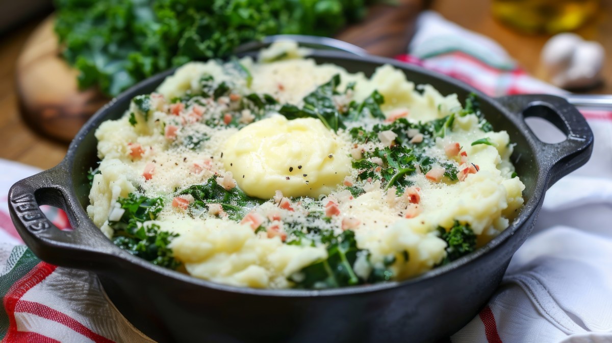 Topf mit Kartoffelstampf mit Grünkohl und Speck