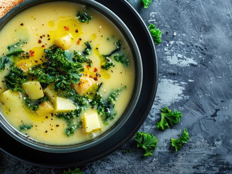 Schale mit Kartoffelsuppe mit Grünkohl, Brot daneben.