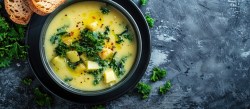 Schale mit Kartoffelsuppe mit Grünkohl, Brot daneben.