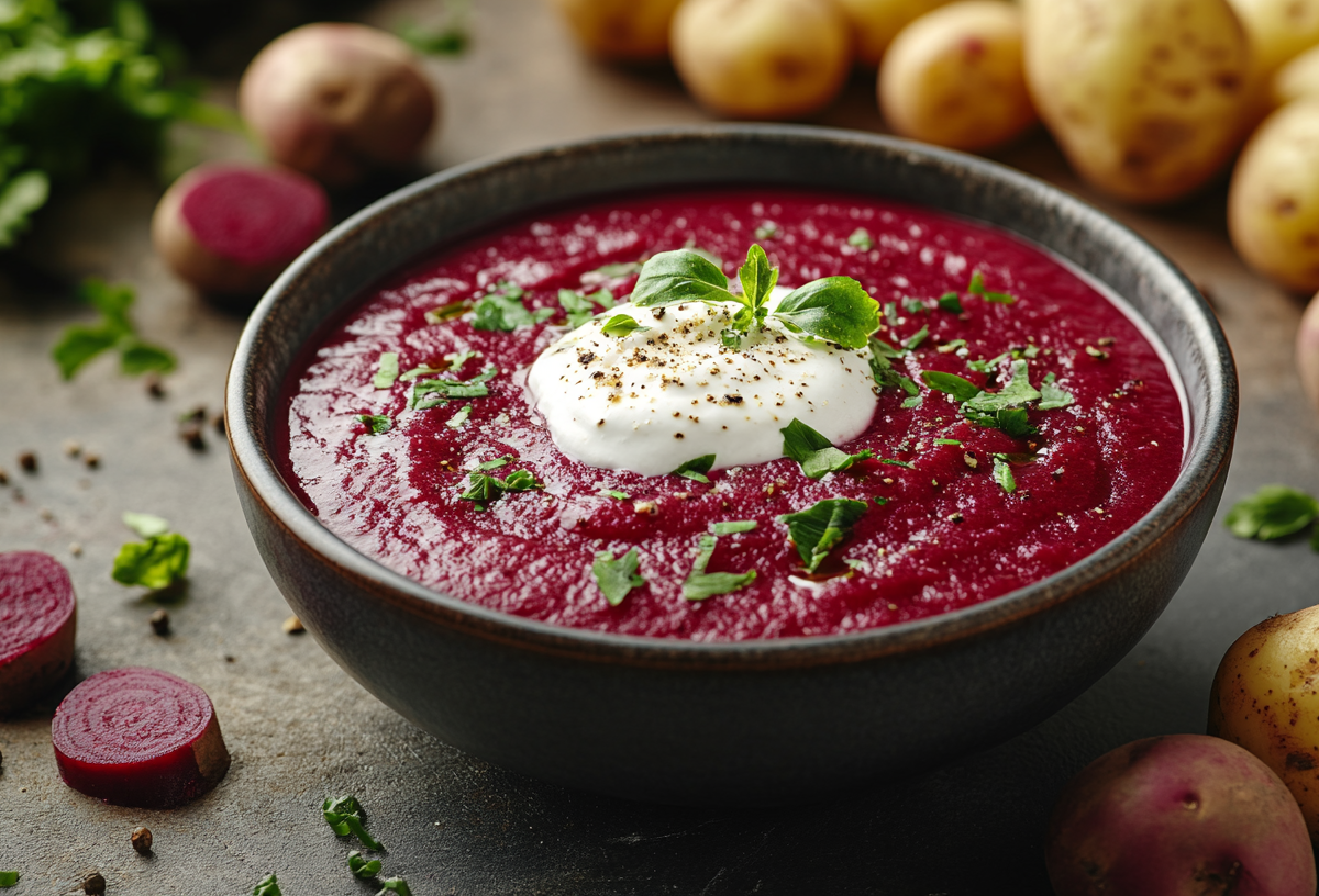 Eine Schüssel Kartoffelsuppe mit Roter Bete, garniert mit Crème fraîche und Kräutern. Drumherum Kartoffeln und Bete.