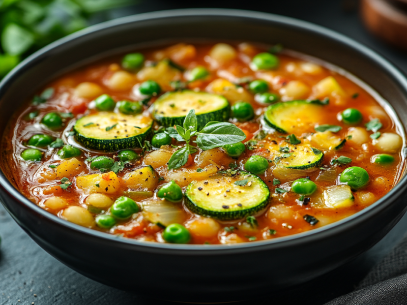 Eine Schüssel Kichererbsensuppe mit Zucchini, Erbsen und Kräutern.