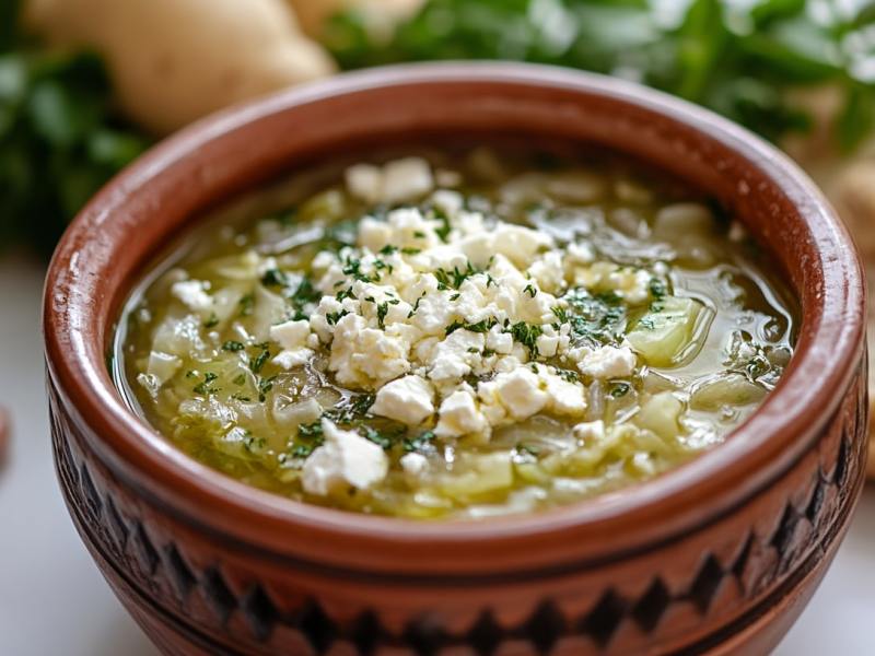 Eine Schüssel Kohlsuppe mit Feta.