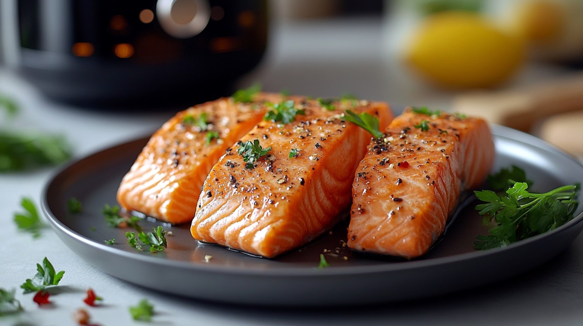 Lachs aus der Heißluftfritteuse auf einem Teller