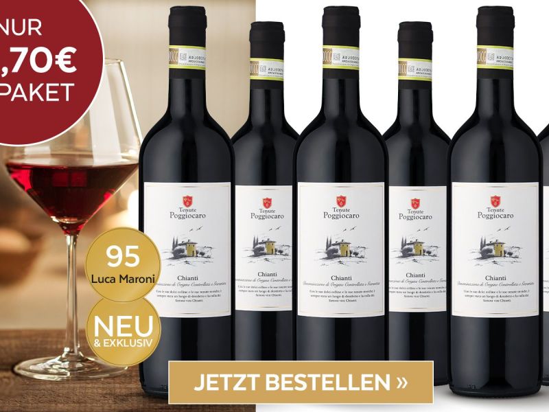 6 Flaschen Chianti vom Ludwig von Kapff Weinversandhandel mit Siegel und Preisschild.