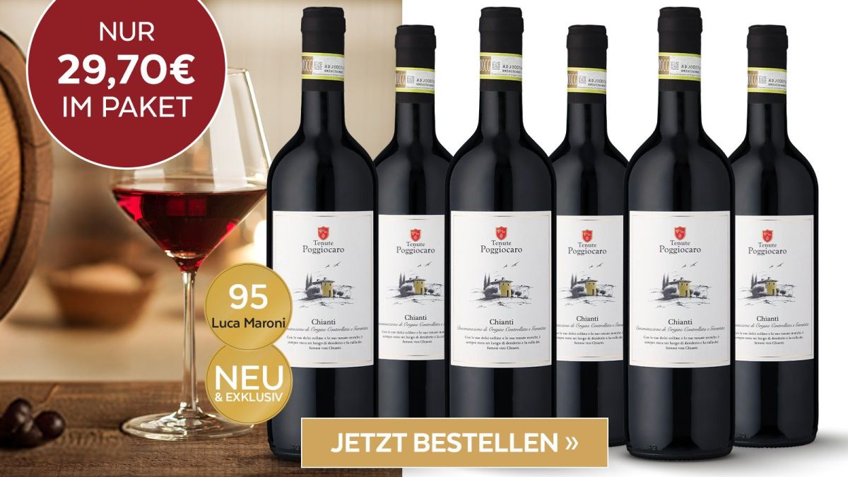 6 Flaschen Chianti vom Ludwig von Kapff Weinversandhandel mit Siegel und Preisschild.