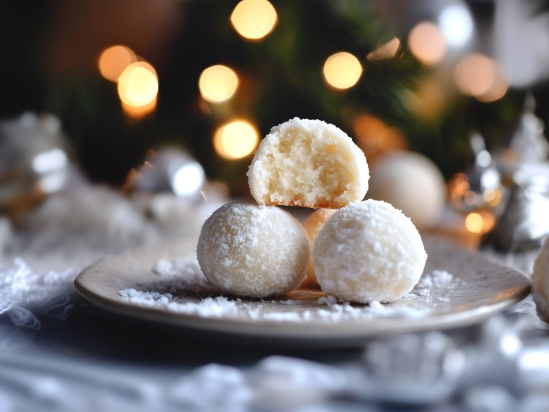 Teller mit Marzipan-Schneebälle.