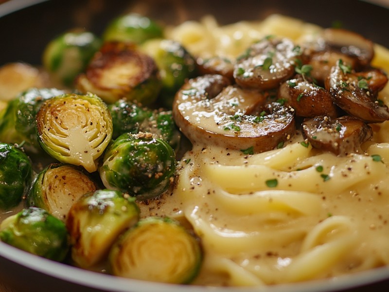 Teller mit Nudeln mit Rosenkohl-Champignon-Soße