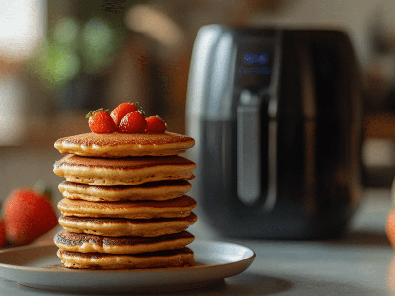 Pancakes aus dem Aifryer in einem Stapel auf einem Teller. Da hinter steht ein Airfryer.