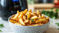 Eine Schüssel Pommes aus der Heißluftfritteuse, dahinter unscharf das Küchengerät.