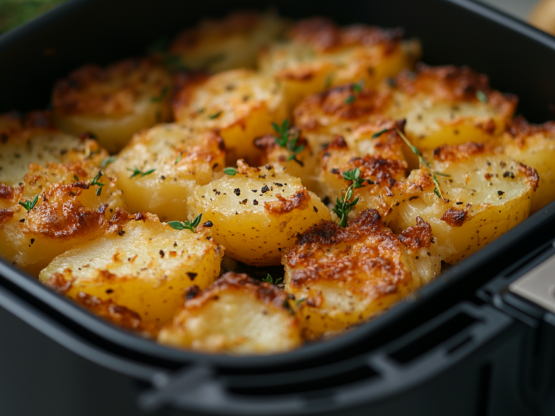 Quetschkartoffeln im Airfryer-Korb mit Parmesan und Kräutern. Nahaufnahme