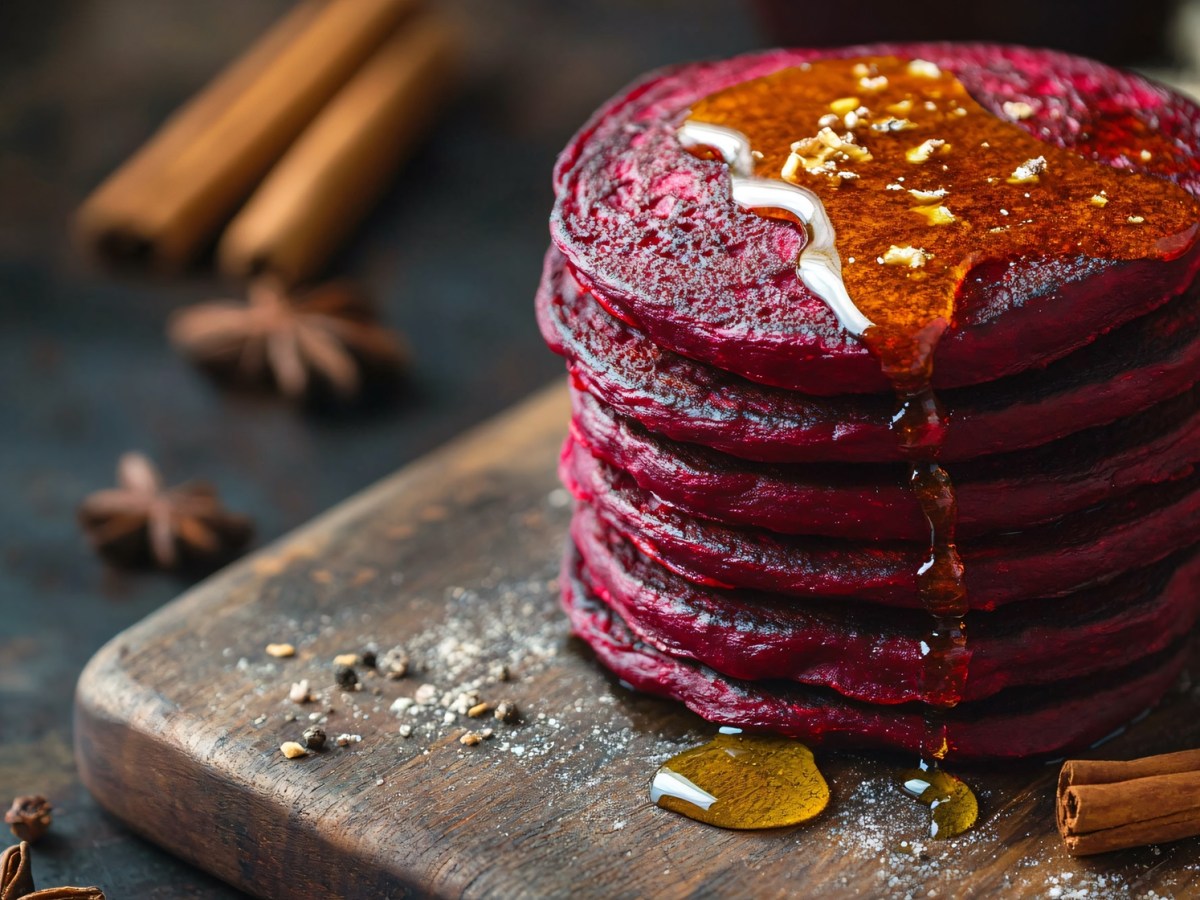 Stapel Rote-Bete-Pancakes mit Ahornsirup und Zimt.