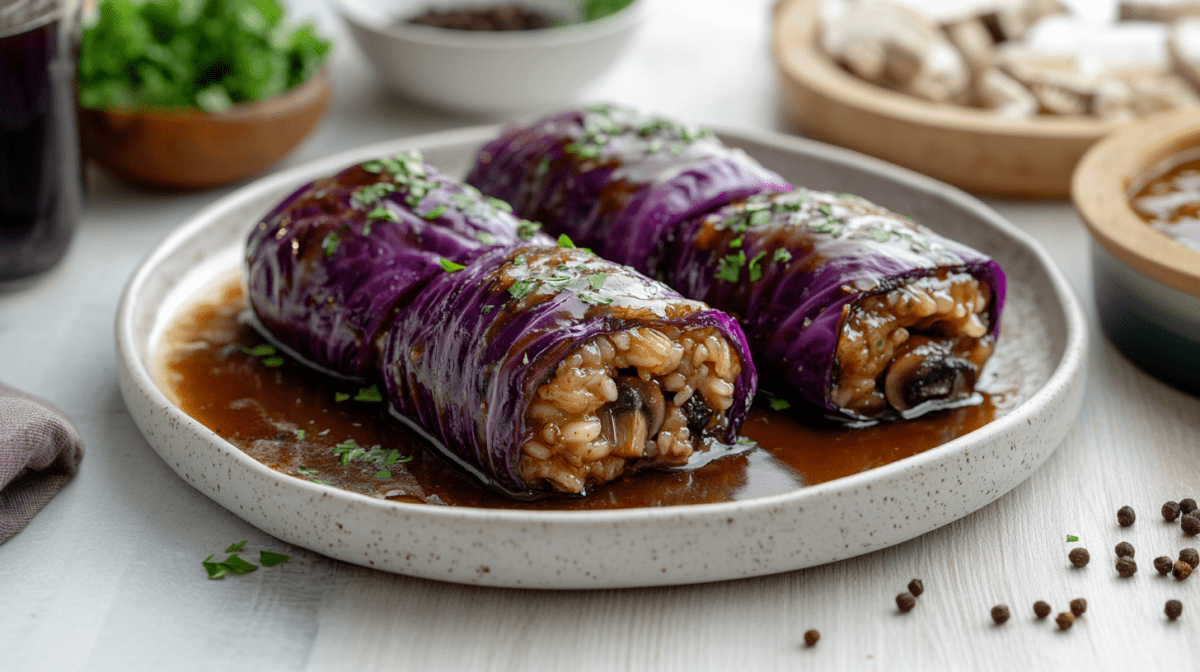 2 Rotkohl-Rouladen in brauner Soße gefüllt mit Reis und Pilzen auf einem Teller. Drumherum Zutaten.