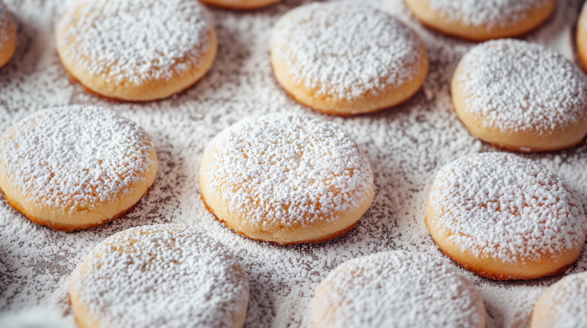 Schneeflocken-Plätzchen mit Puderzucker bestreut, Nahaufnahme.