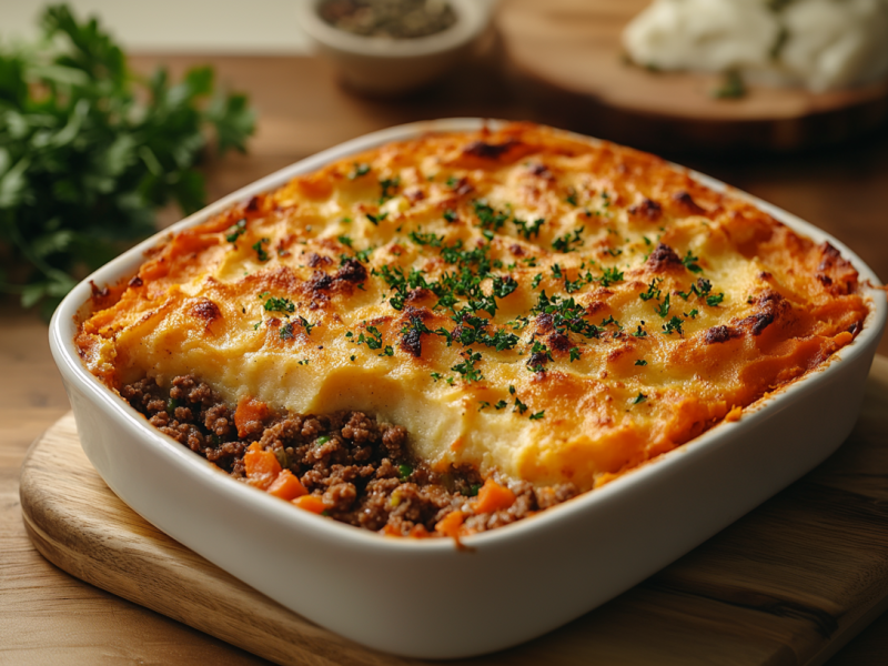 Shepherd's Pie mit Kürbispüree in einer Auflaufform, dahinter unscharf Kräuter.