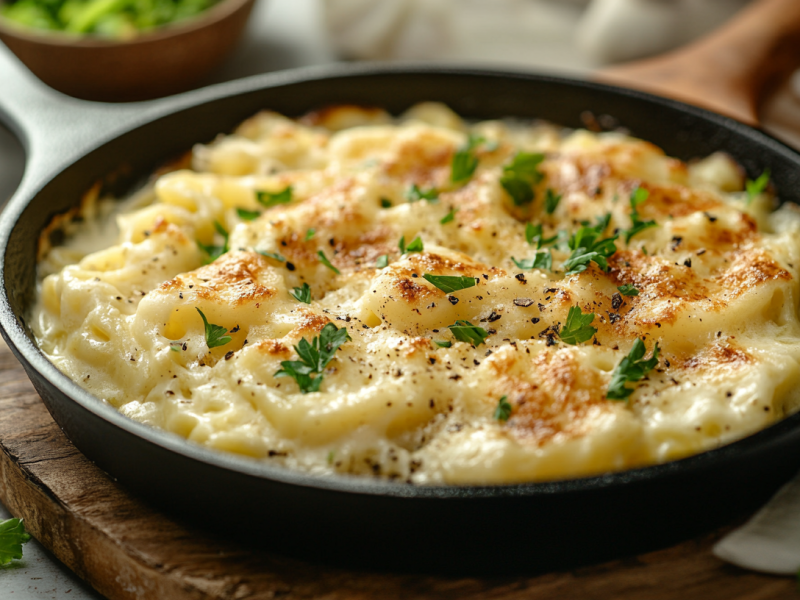 Spätzle-Kohl-Pfanne in einer gusseisernen Pfanne auf einem Holzbrett.