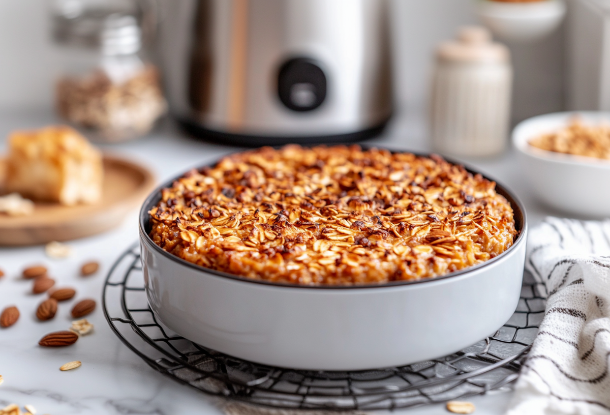 Baked Oats aus der Heißluftfritteuse in einer runden Form-. Im Hintergrund ist ein Airfryer.