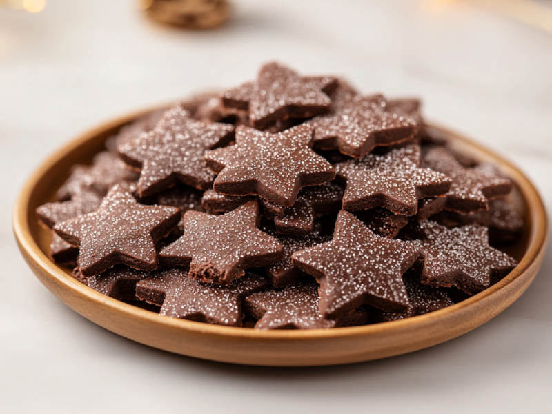 Ein Teller Basler Brunsli, Schoko-Mandel-Plätzchen in Sternform aus der Schweiz.