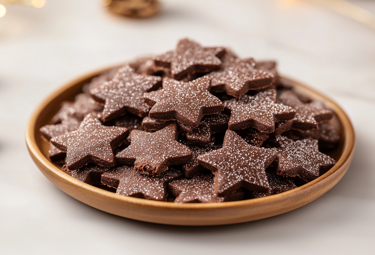 Ein Teller Basler Brunsli, Schoko-Mandel-Plätzchen in Sternform aus der Schweiz.