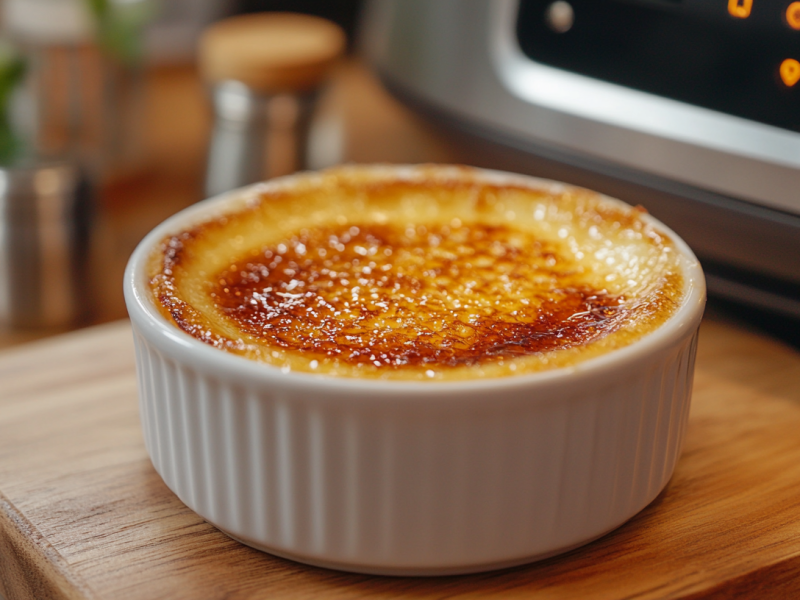 Ein Schälchen Crème brûlée aus der Heißluftfritteuse vor einem Airfryer.