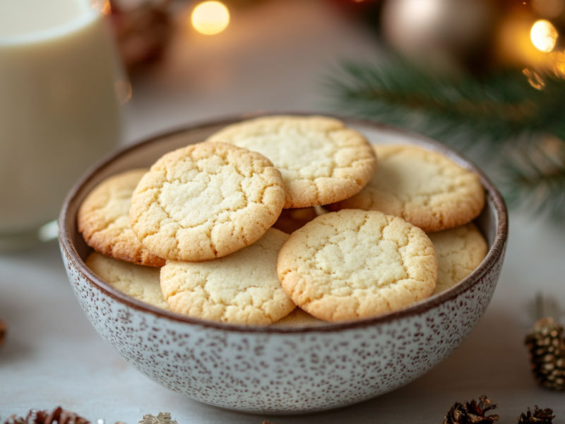 Eine Schale Eierlikör-Plätzchen, drumherum ein paar Weihnachtsdekoartikel.